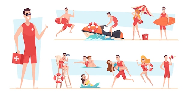 Beach lifeguards Kids spend good safety time on the summer beach sea or ocean recreation works exact vector lifeguard characters