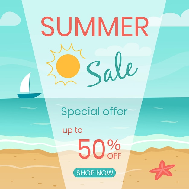 Beach lndscape with summer sale message