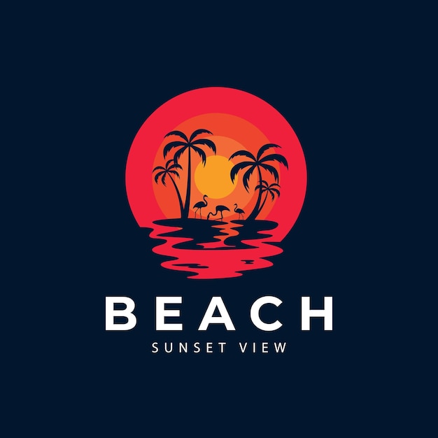 Beach logo illustration with Sunset Outdoor vector design inspiration