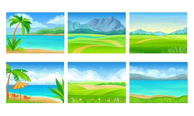 Beach and Mountain Scenes and Landscapes Vector Set