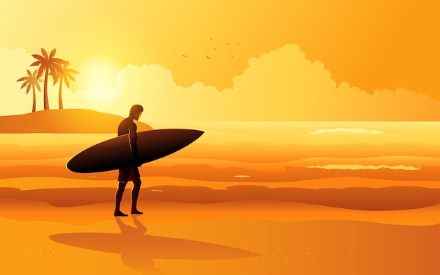 Beach panorama of a surfer walking on the beach