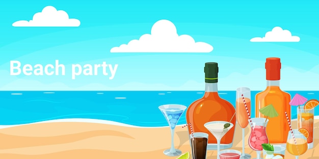 Beach partyAlcoholic cocktails on the background of the sea and the beachVector illustration