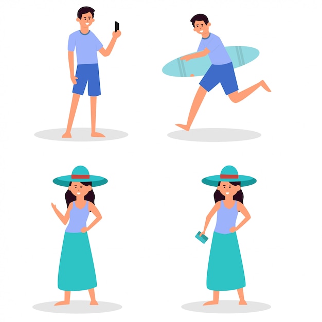 Beach people. couple holiday vacation, sunbathing on beach and happy friends summer fun. Traveler characters, play volley, swimmer surfboard tourism