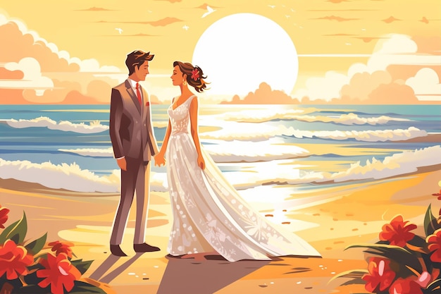 Beach Portrait Style Wedding Cartoon Vector