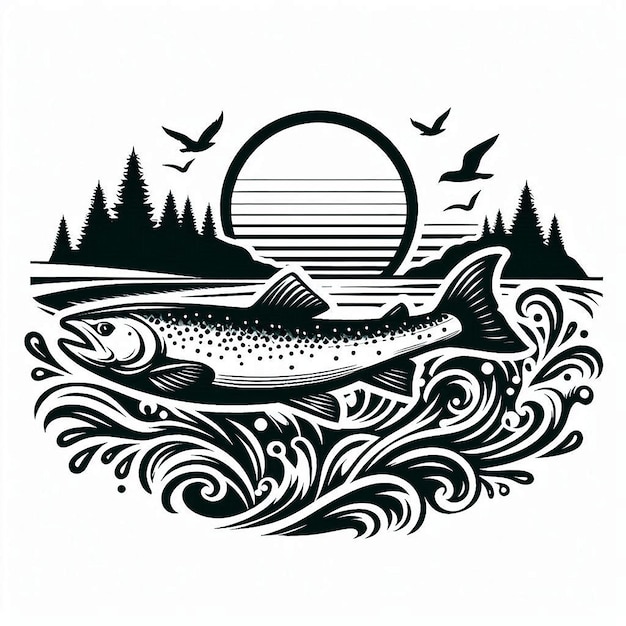 Vector beach salmon silhouette line art vector illustration on white background