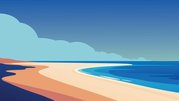 Vector beach scene featuring gentle waves lapping at the shore under a sky filled with fluffy clouds flat vector illustration