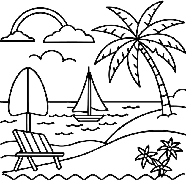 a beach scene with a beach chair and palm trees