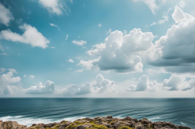 a beach scene with a cloudy sky and the ocean in the background