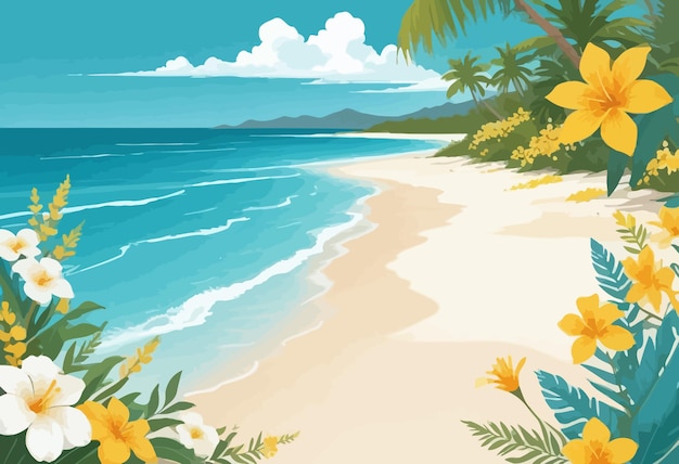 a beach scene with flowers and palm trees