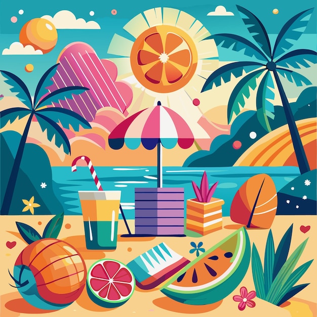 Vector beach scene with palm trees umbrella and tropical fruits