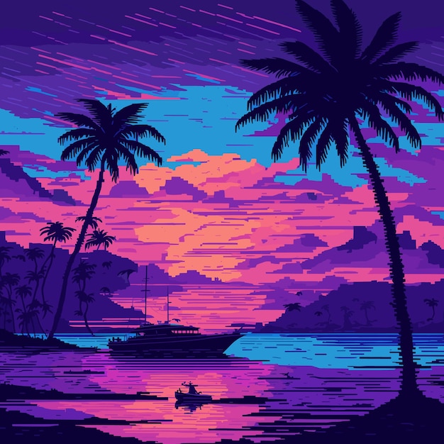 A beach scene with palm trees and vibrant neon purple and blue sunset background