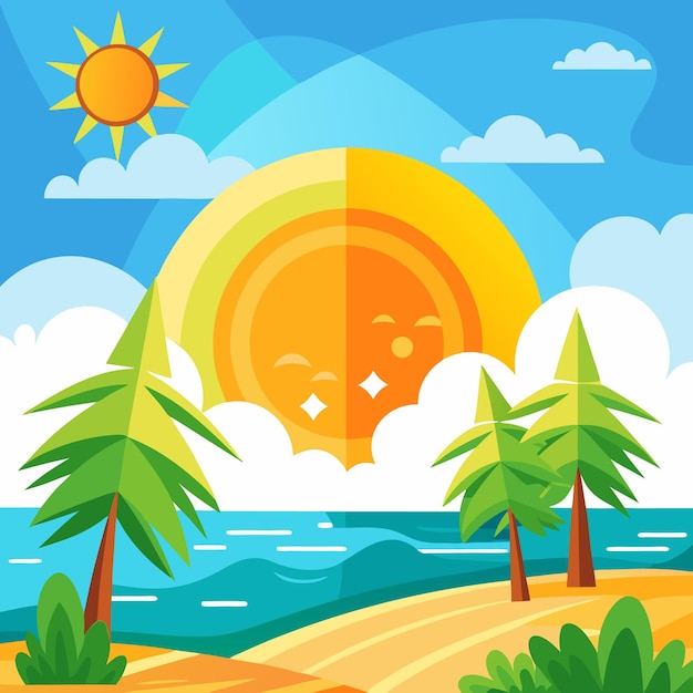 Vector a beach scene with a sunset palm trees and waves