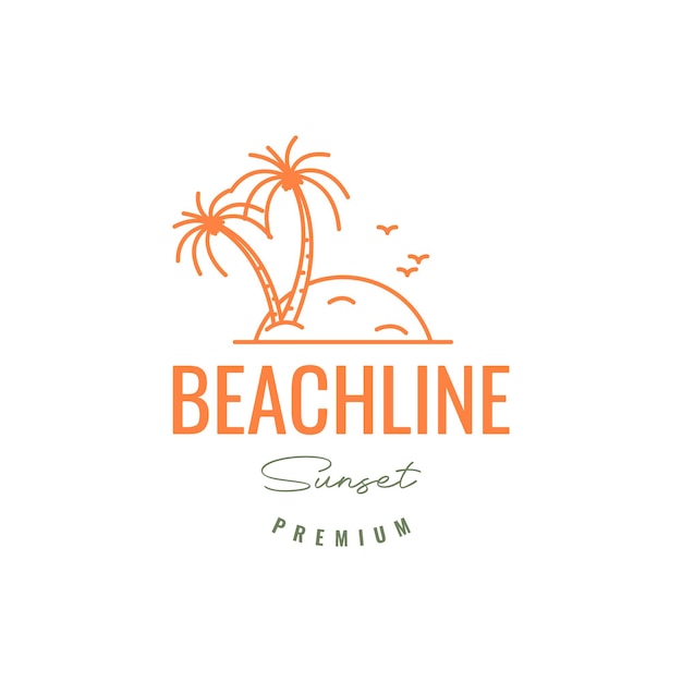 Beach sea seashore sunset coconut trees birds colony lines hipster logo design vector icon