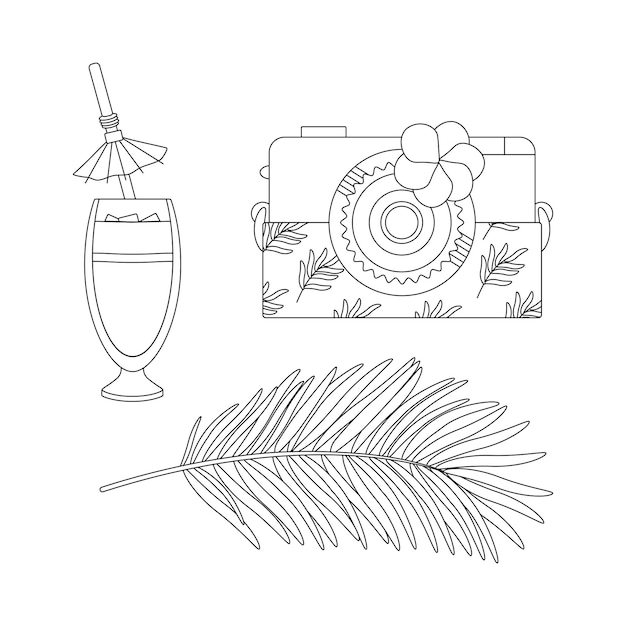 Beach set for summer trips Cocktail coconut camera palm leaves Line art