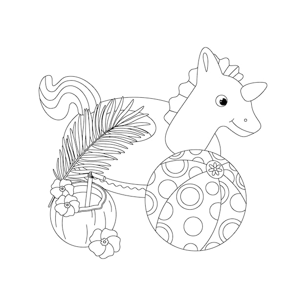 Beach set for summer trips Cocktail coconut inflatable circle unicorn Line art