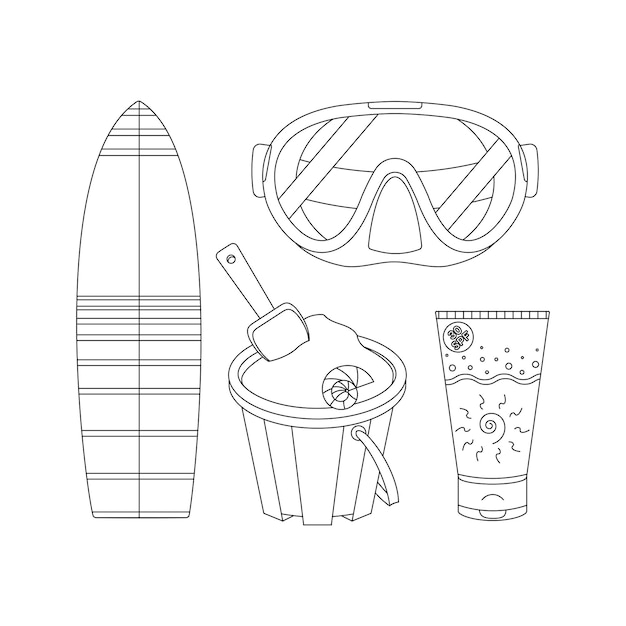 Beach set for summer trips Sun cream bucket sand mask scuba diving snorkeling surfboard Line art