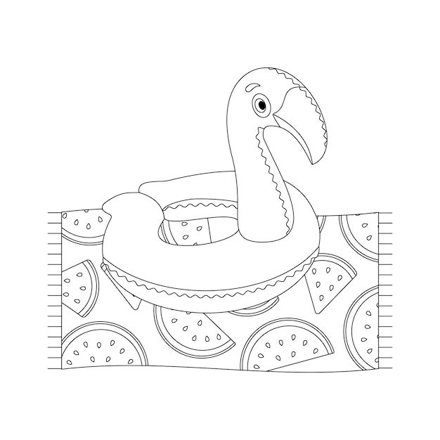 Beach set for summer trips Towel inflatable circle flamingo Flat vector illustration Line art