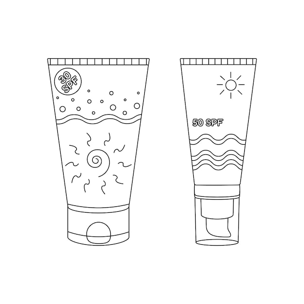 Beach set for summer trips Vacation accessories for sea vacations Sun cream 30 spf Line art