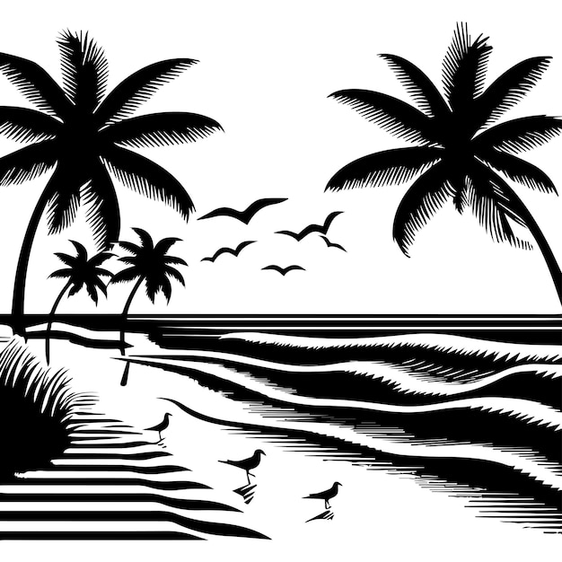 Beach Silhouette Design Black And White With Flat Background