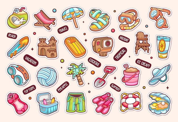 Beach Sticker Icons Hand Drawn Coloring Vector