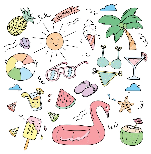 Beach stuff in doodle style vector illustration