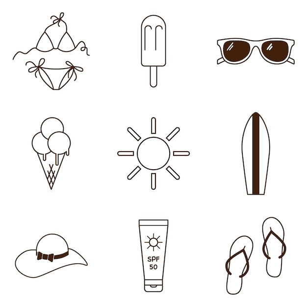 Beach Summer Icons Set. Collection of Sea Vacation symbols. Outline icons for holiday beach leisure. Premium Vector