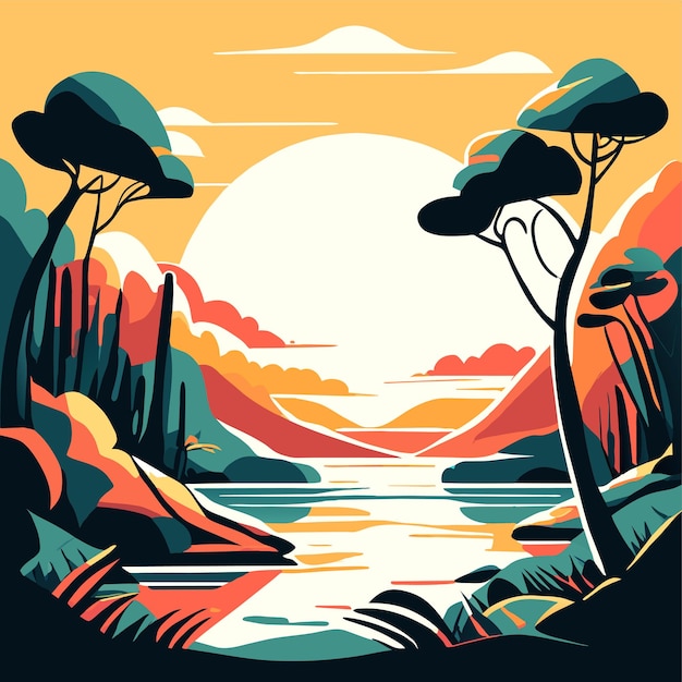 Vector beach sunny day landscape with trees vector illustration