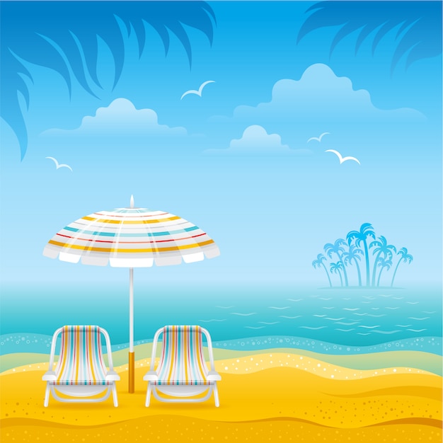 Beach sunny landscape with umbrella and chairs. Sea holidays vacation illustration.