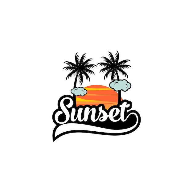 Beach sunset palm tree vector logo design