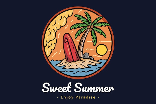 Beach Sunset Summer Badges with Sun and Happy Wave Coconut Tree and Surf Travel Paradise island