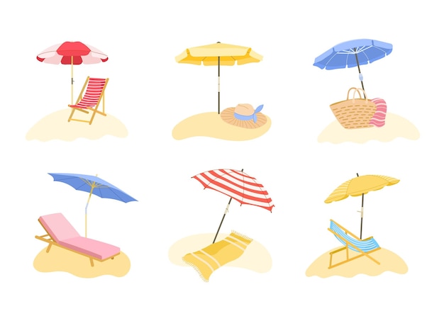 Beach sunshade Deck chair and sun protection umbrella for summer resort vacation on beach vector illustration set