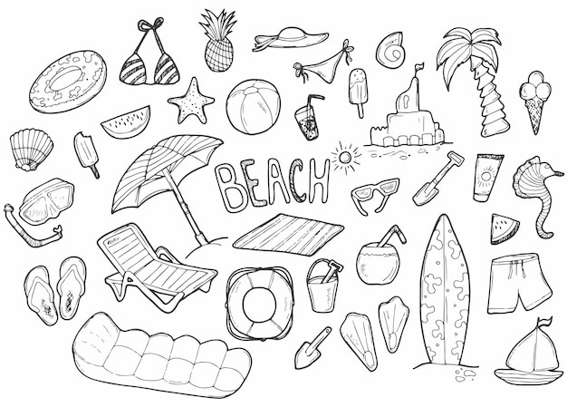 Beach theme doodle set Vector summer icons