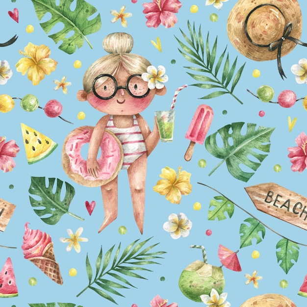 Beach tropical pattern with a cute girl in a swimsuit palm and monstera leaves fruits and flowers