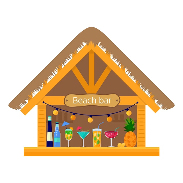 Beach tropical tiki bar with fruit shakes alcohol drinks and exotic cocktails Summer vacation concept Cafe bungalows on the ocean coast Flat vector illustration