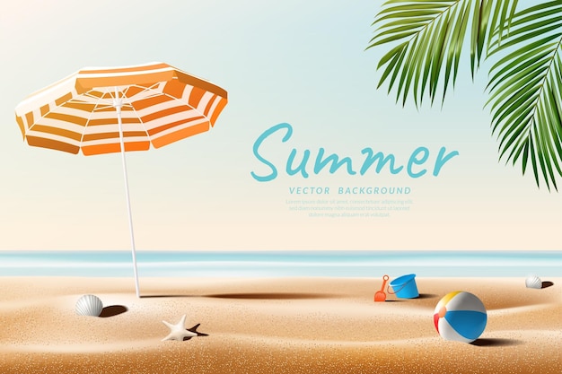 Beach umbrella with beach accessories on daytime Summer outdoor concept Vector illustration