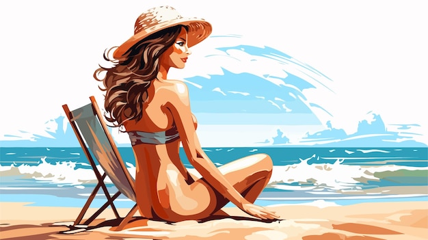 Vector beach vacation dream woman in bikini relaxing on tropical beach illustration