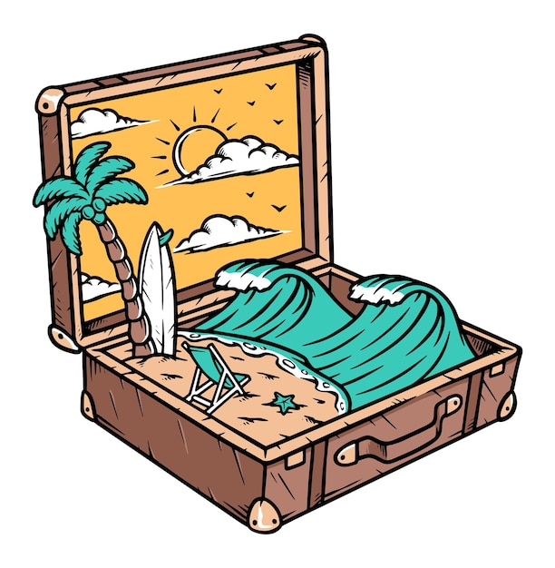 Beach view in old suitcase illustration