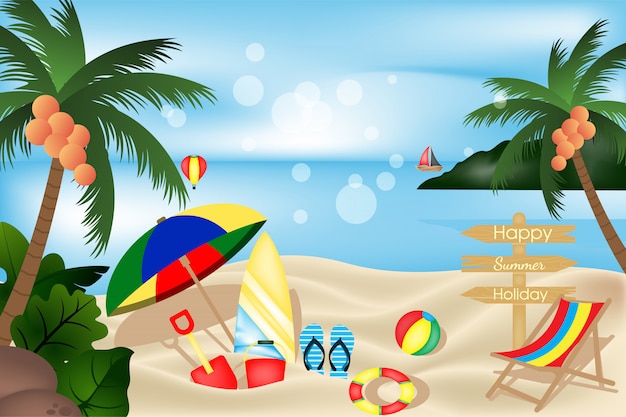 Beach view with element tolls summer holiday design