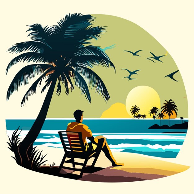 Vector beach watercolor with sun palm trees seagulls and a man sitting looking at the sea with a glass