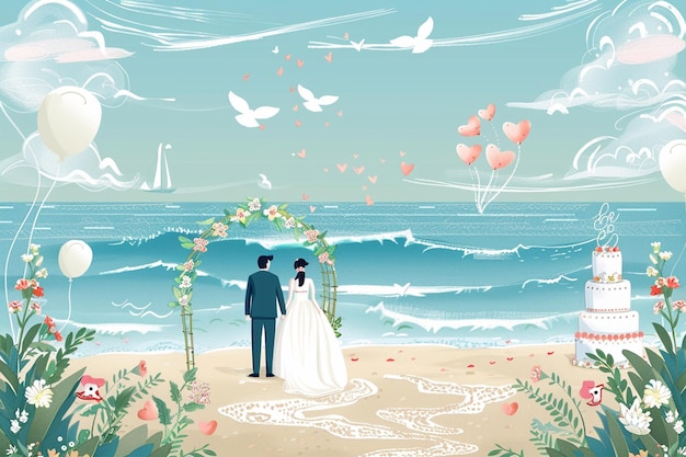 Vector beach wedding scene bride