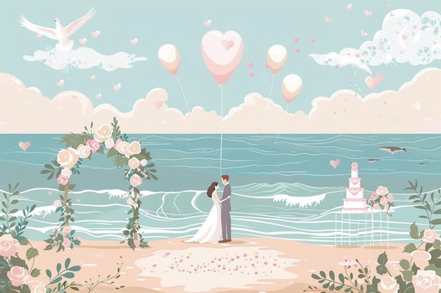 Vector beach wedding scene bride