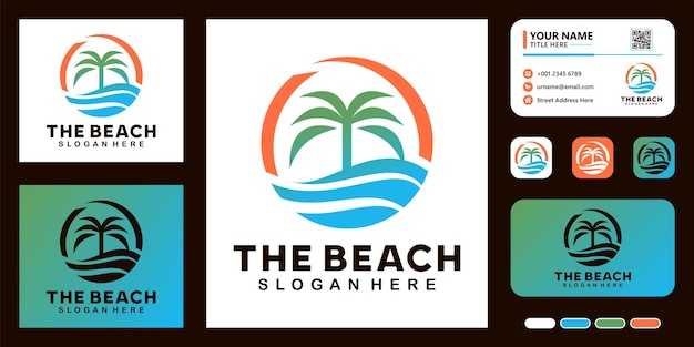 The beach with coconut tree logo design concept and business card template