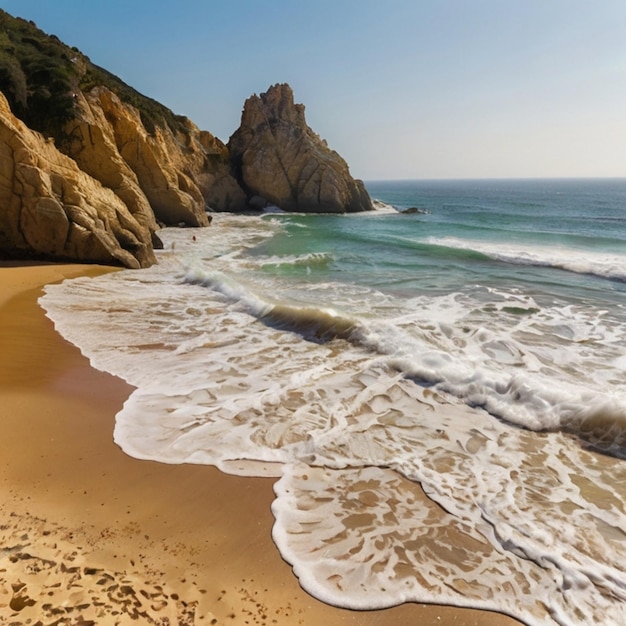 Vector a beach with a large rock in the water and a beach with a wave breaking on it