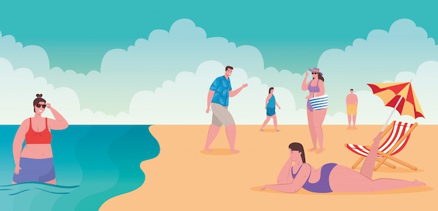 Vector beach with people, group people on the beach, summer vacations and tourism concept