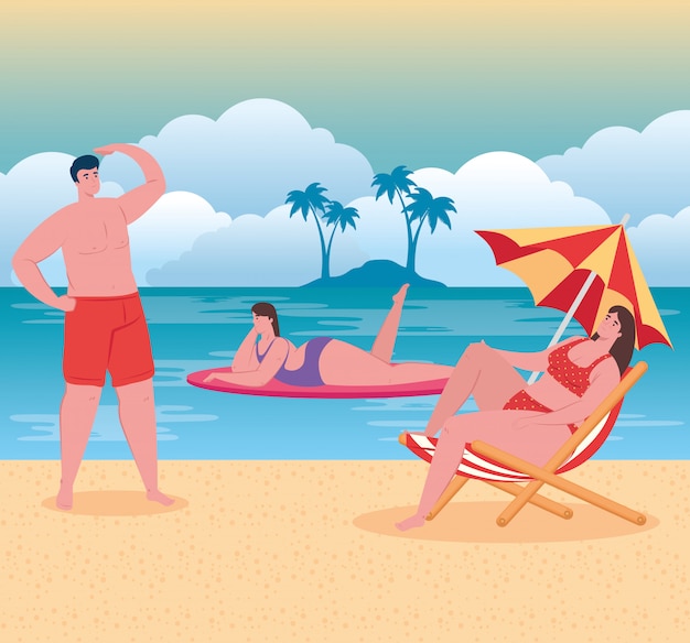 Beach with people, man and women on the beach, summer vacations and tourism concept