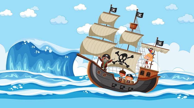 Beach with Pirate ship at daytime scene in cartoon style