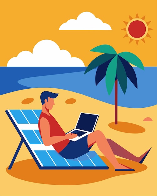 A beachgoer lounging on the sand with their laptop the solar panel soaking in the suns energy and