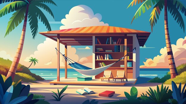 Vector a beachside cabana with shelves of books and a comfortable hammock inviting readers to soak up the