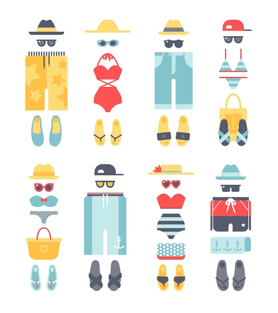 Beachwear different flat vector summer, beachwear cloth fashion looks. 