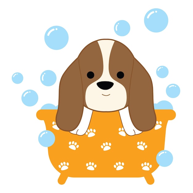 Vector beagle dog in a bathtub with bubbles and a picture of a dog in the water